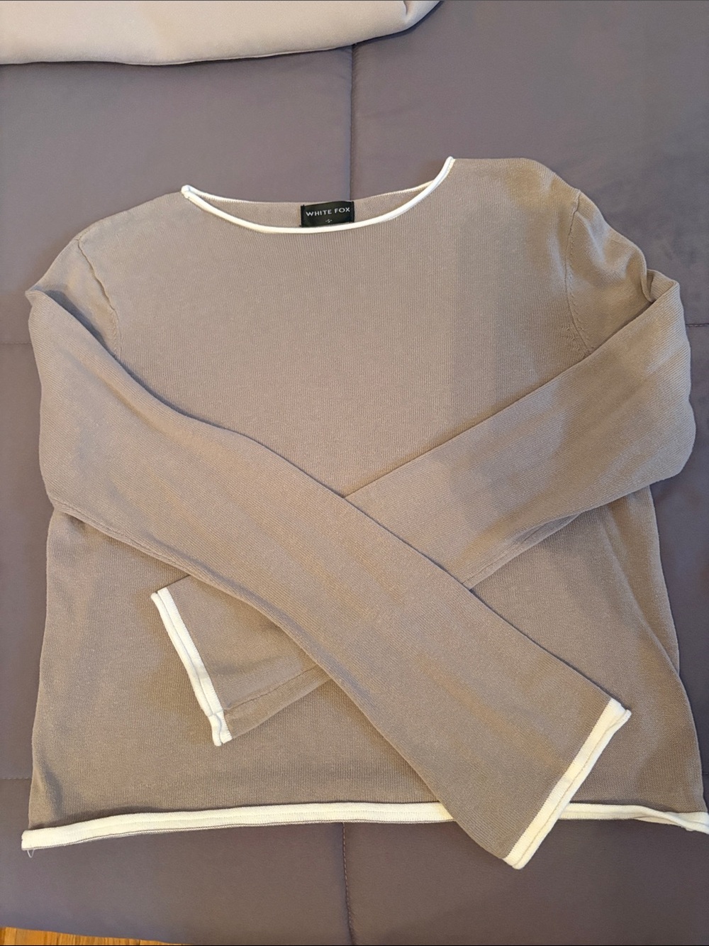 White Fox Boutique Taupe Sweater with White Trim